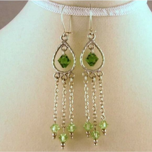 Handmade Bright Green Swarovski Crystal Sterling Silver Chandelier Earrings - Picture 3 of 5